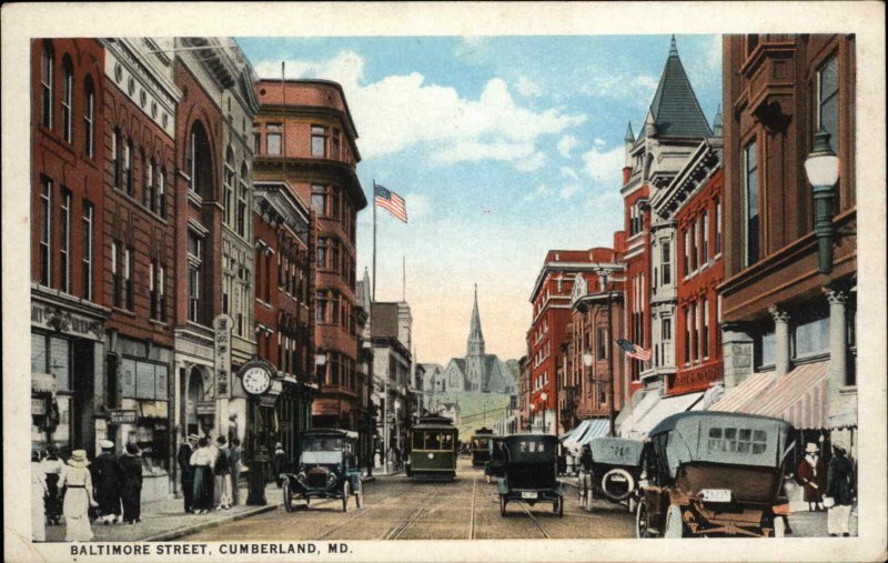 Cumberland Maryland MD Trolley Streetcar Street Scene Vintage Postcard
