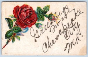 1908 GREETINGS FROM CHESAPEAKE CITY MARYLAND MD MICA GLITTER EMBOSSED POSTCARD