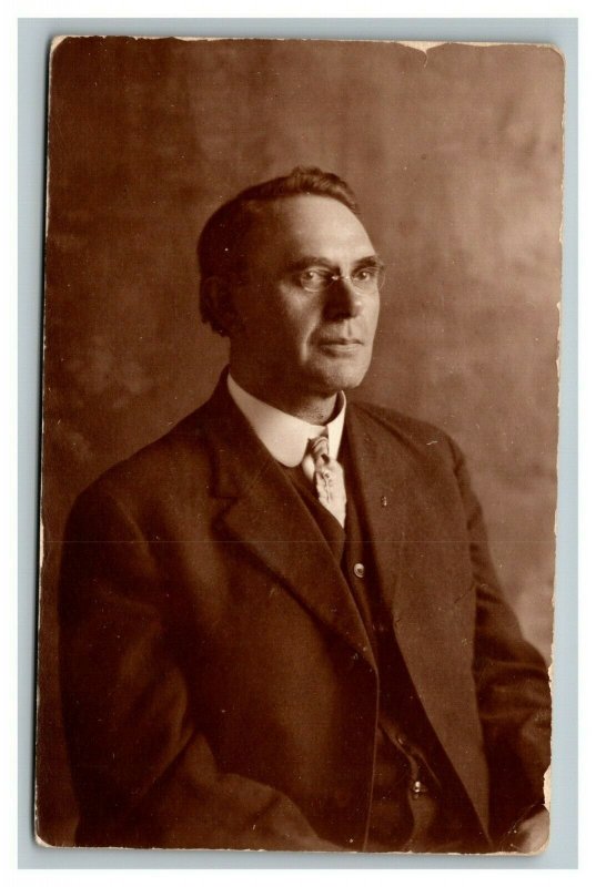 Vintage 1910's RPPC Postcard Studio Portrait of Businessman Three Piece Suit