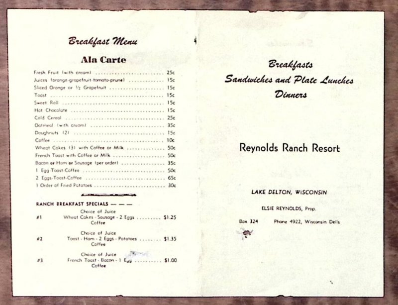 1950s LAKE DELTON WI REYNOLDS RANCH RESORT BREAKFASTS LUNCHES DINNERS MENU Z5578