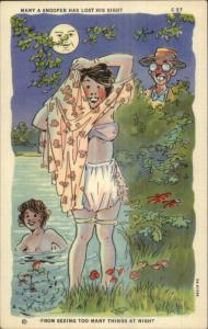 Nude Woman Skinny Dipping Peeping Tom Curt Teich Linen Comic Postcard