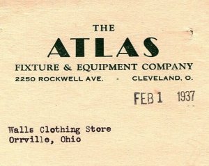 1937 THE ATLAS FIXTURE & EQUIPMENT CO CLEVELAND OHIO BILLHEAD INVOICE Z2729