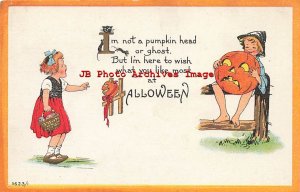 329649-Halloween, Bergman No 1623/1-4, Girl Approaching Boy on Fence Holding JOL