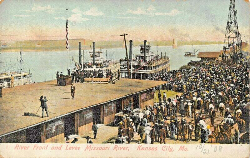 KANSAS CITY MO~RIVER FRONT & STEAMER LEVEE -ALFRED HOLZMAN PUBL1908 POSTCARD 