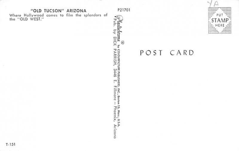 Old Tucson  Film The Splendors of Old West View Postcard Backing 