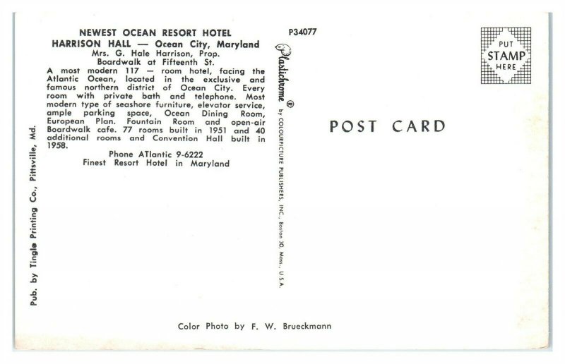 1950s/60s Harrison Hall Hotel, Ocean City, MD Postcard *6J7