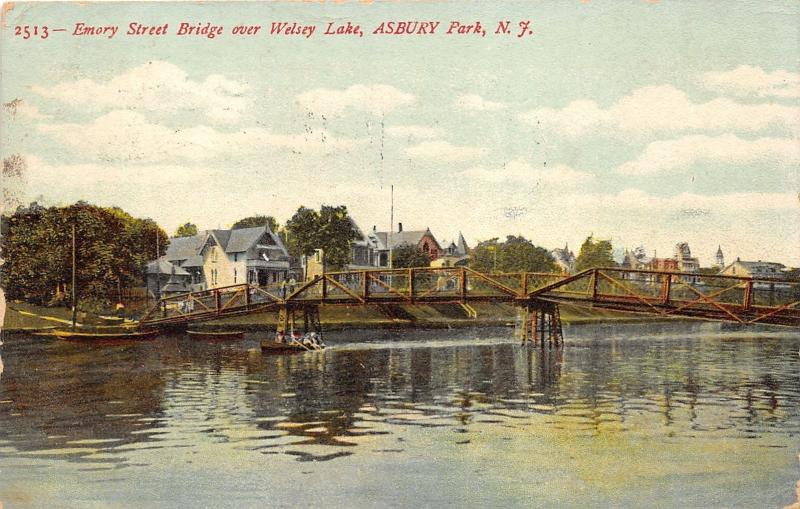 Asbury Park New Jersey~Emory Street Bridge on Welsey Lake~Row Boat~1907 Postcard