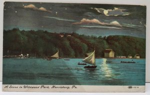 Harrisburg Pa A Scene In Wildwood Park, Sailing By Night, Sailboats Postcard E1