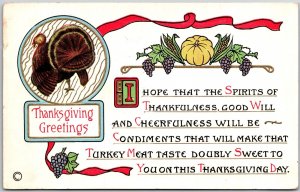1911 Thanksgiving Greetings Turkey Fruits Holiday Wishes Card Posted Postcard