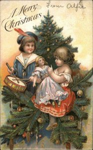 Christmas Children Tree & Doll c1910 Embossed Postcard #8006