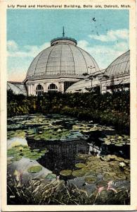 Lily Pond and Horticultural Building, Belle Isle Detroit MI Vintage Postcard O09