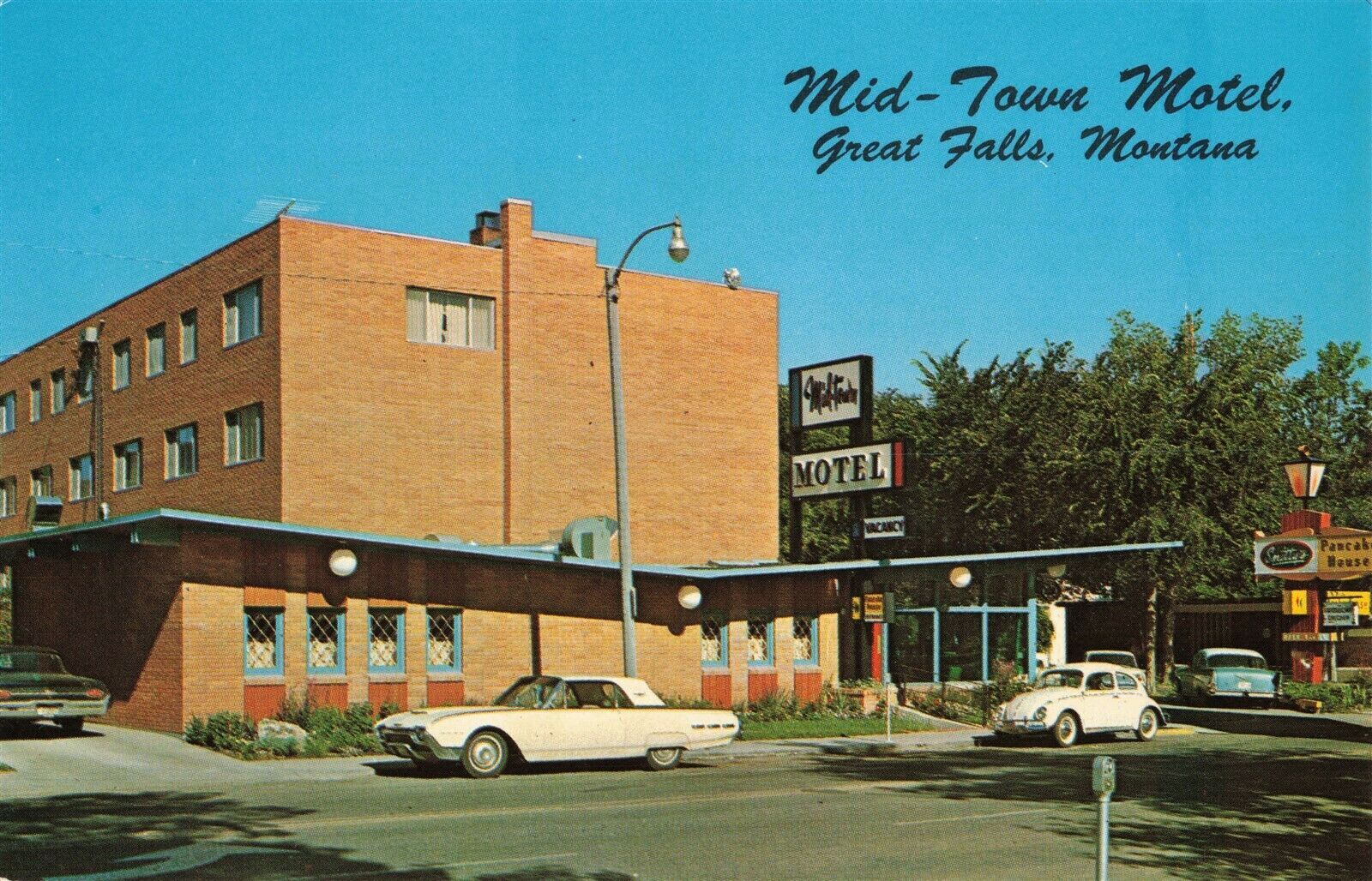 1960's MidTown Motel Great Falls Montana Pancake House Sign Postcard