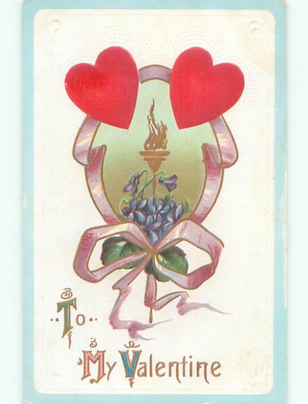 Pre-Linen valentine TORCH WITH HEARTS AND RIBBON AND FLOWERS J0197