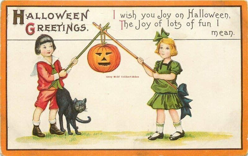 Halloween, Two Little Girls Holding Jack O Lantern with Sticks, Black Cat, 63 E