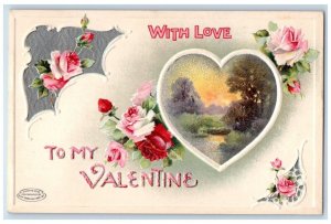 c1910's Valentine Heart Roses Flowers With Love Embossed Posted Antique Postcard