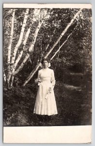 Mt Hygeia RI Edwardian Woman Alongside Birch Tree Dirt Path RPPC Postcard P30