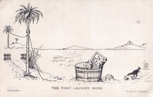 The First Laundry Work Desert Island Comic Antique Postcard