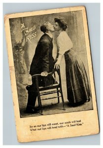 Vintage 1913 Photo Postcard Couple Kissing Romantic Message A Soul Kiss
