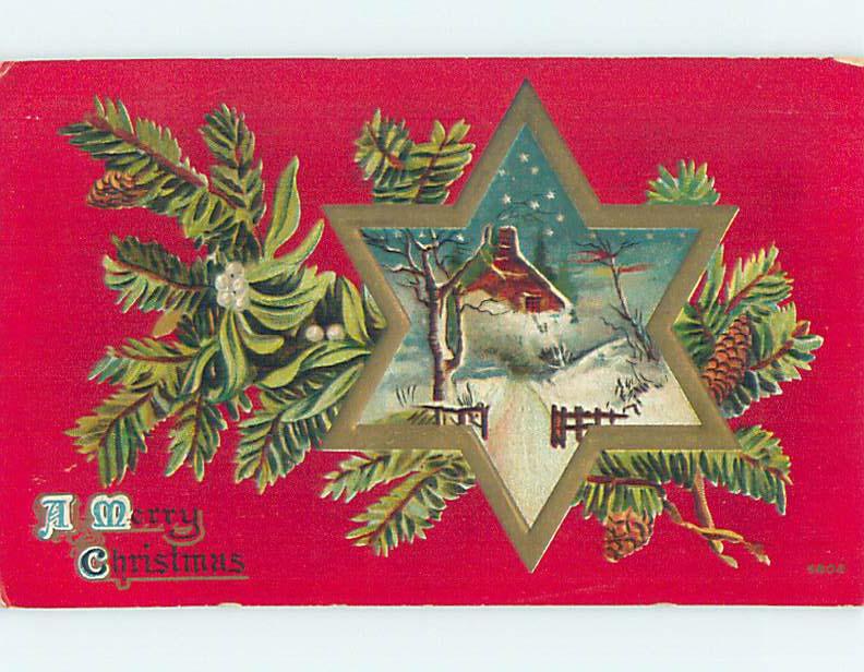 Pre-Linen christmas WINTER SCENE IN STAR WITH PINE BRANCH AND MISTLETOE HQ6452