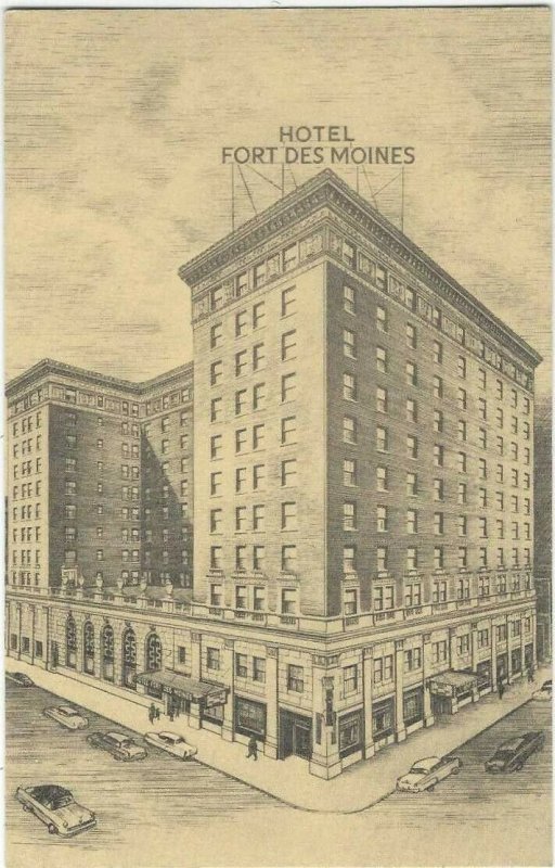 50s postcard, Hotel Fort Des Moines, Des Moines, Iowa, Linen 