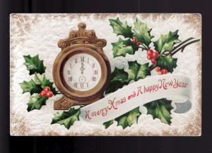 1910 Christmas Holly Clock Picture Postcard!