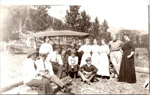 RPPC Men Women antique car mountain Lavina Rotheney Montana Real Photo Postcard
