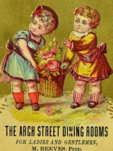 1870's The Arch Street Dining Rooms Kids Carrying Food M. Reeves, Prop Card  F80