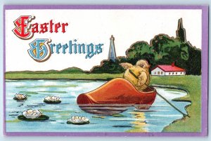 c1910's Easter Greetings Dutch Shoe Boat Chick Lily Pad Flowers Antique Postcard