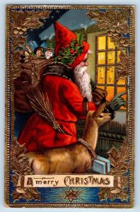 Christmas Postcard Santa Claus And Reindeer On Window Embossed Gel Gold Gilt