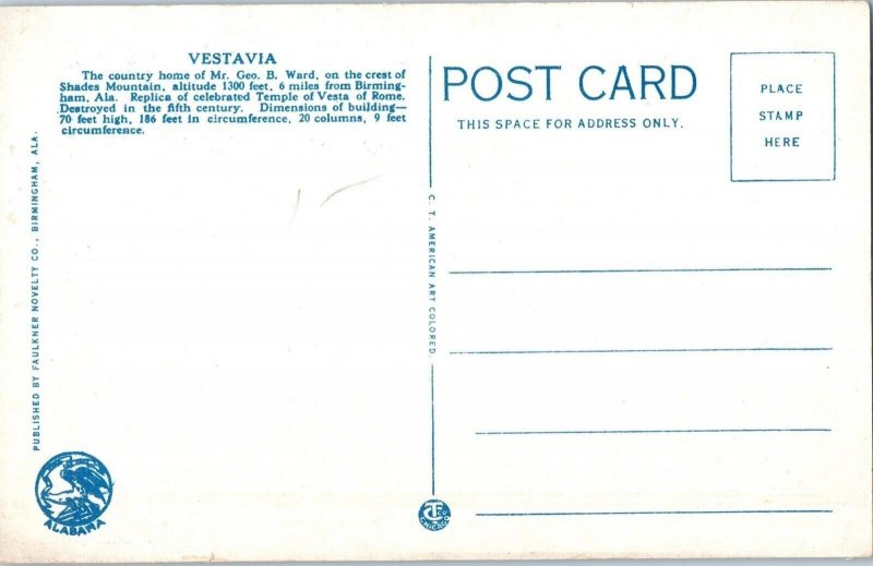 Vestavia The Country Home of Mr Geo B Ward Birmingham Alabama Postcard