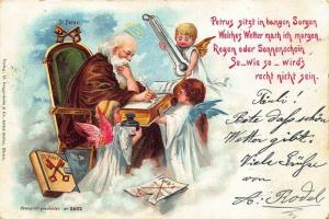 Christmas Brown Robed Santa Claus Writing in Book Angels Helping 1899 Postcard