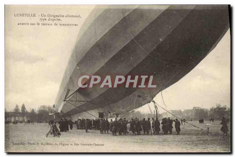 Postcard Old German Airship Zeppelin Luneville Dirigeale lands on the ground ...