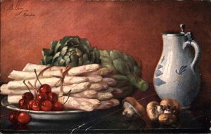 M. Billing Food Still Life White Asparagus Artichokes Cherries c1910 Postcard