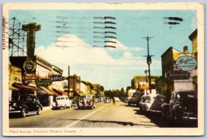 Postcard Timmins Ontario c1954 Third Avenue Old Cars Shops Signs PECO