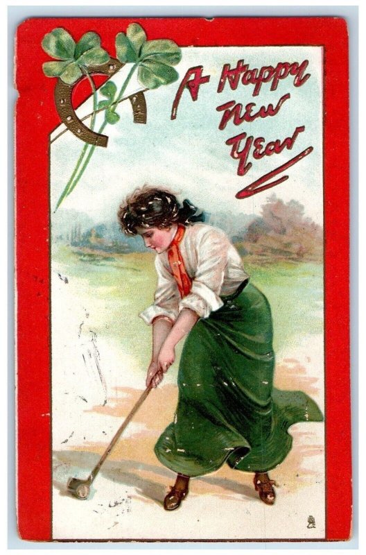 1908 Happy New Year Women Golfing Horseshoe Clover Tuck's Newark NJ Postcard 