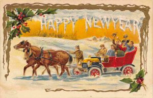 Horses Pulling Car Stuck in Snow New Year Greetings 1911 postcard
