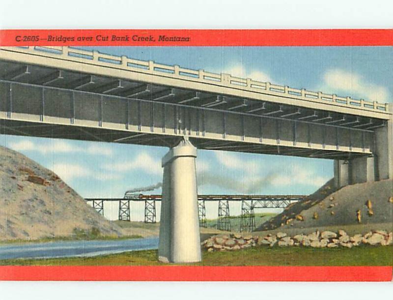 Cut Bank Creek Montana C-2605 Bridge railroad Bridge Mile Long  Postcard # 6312