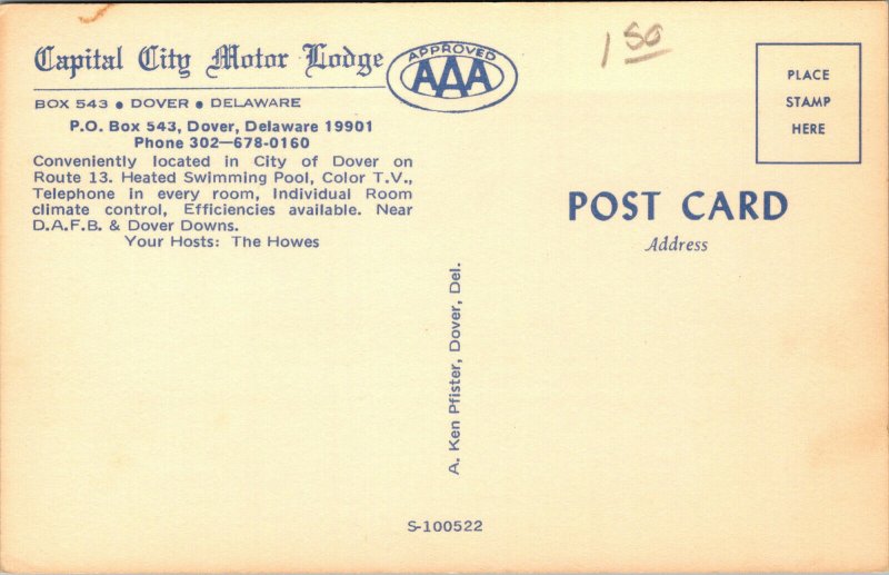 Vtg 1970s Capital City Motor Lodge Dover Delaware DE Chrome Postcard