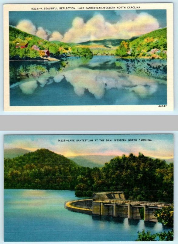 2 Postcards WESTERN NORTH CAROLINA, NC ~ Dam & Reflection LAKE SANTEETLAH 1940s