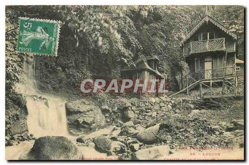 Old Postcard Luchon Cottages and waterfall Sourbouille