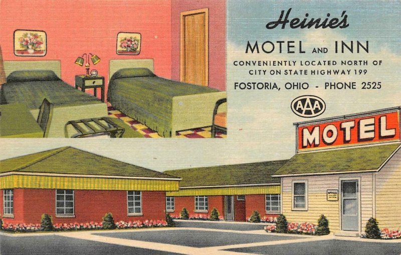 FOSTORIA, OH Ohio  HEINIE'S MOTEL~HP Boulboulle ROOM-TWIN BEDS Roadside Postcard