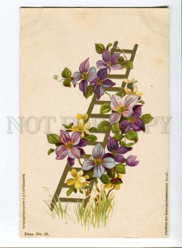 256925 C. KLEIN Ladder FLOWERS Vintage LITHO postcard