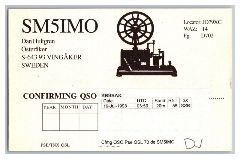 Postcard QSL CB Ham Radio Amateur Card From Vingaker Sweden SM5IMO 