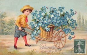 L093 France Greetings 1908 Boy forget-me-not flowers embossed postcard