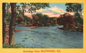 Vintage Postcard 1920's View of River Greetings From Maywood Illinois ILL