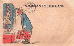 Vintage Postcard 1909 A Woman In The Case & Old Man with Traveling Bag Comics