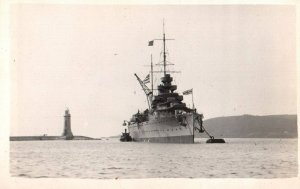 RPPC Photo British Royal Navy HMS Effingham with Lighthouse  Cruiser War Time