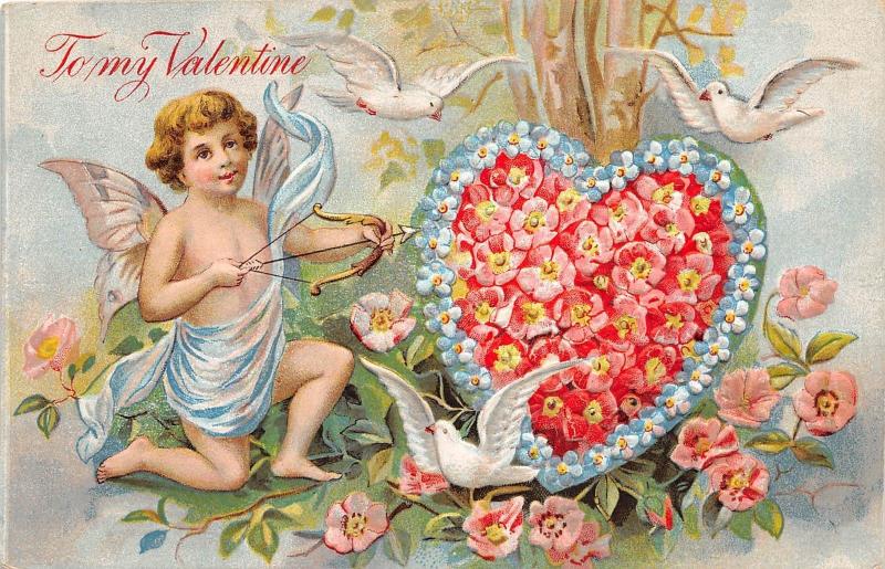 E2/ Valentine's Day Love Holiday Postcard c1910 Bow Arrow Cupid Flower Heart 17