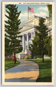 Provo Utah~City & County Bldg Facade~Tree Lined Drive~Flag~1937 Linen Postcard