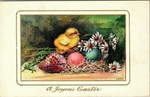 VTG Postcard A Joyous Easter Chick Daisy Colored Eggs Lemoore California  1410